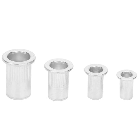 Four aluminum blind rivet nuts of varying sizes from the Aluminum Blind Rivet Nut Set 100 Pcs M4 M5 M6 M8 with a storage box.
