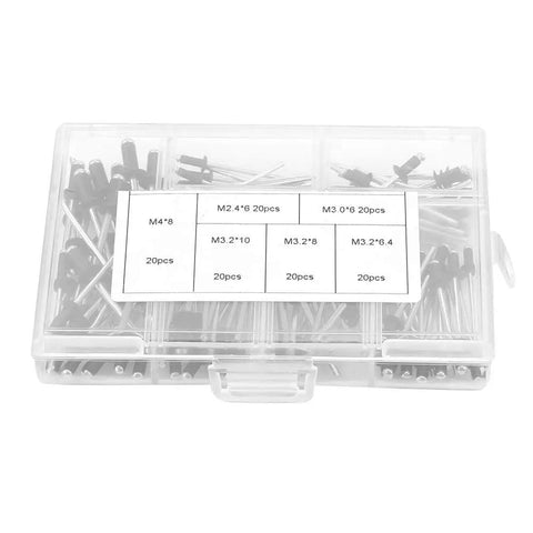 Aluminum Blind Rivets Set 120 Pieces Assorted Sizes Round Dome Head Pop Rivets With Smooth Mandrels For Pneumatic Electric And Manual Riveting Guns Durable Easy Install in a transparent box showing various sizes.