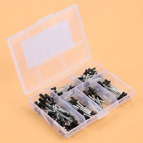 Aluminum Blind Rivets Set 120 Pieces Assorted Sizes Round Dome Head Pop Rivets With Smooth Mandrels in a plastic case