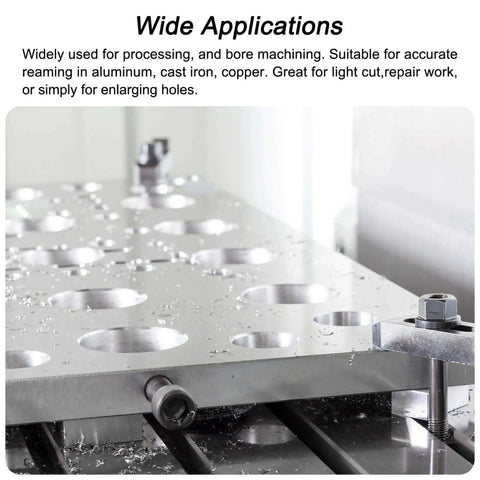Metal plate with multiple drilled holes, highlighting use for accurate reaming in materials like aluminum, cast iron, and copper.