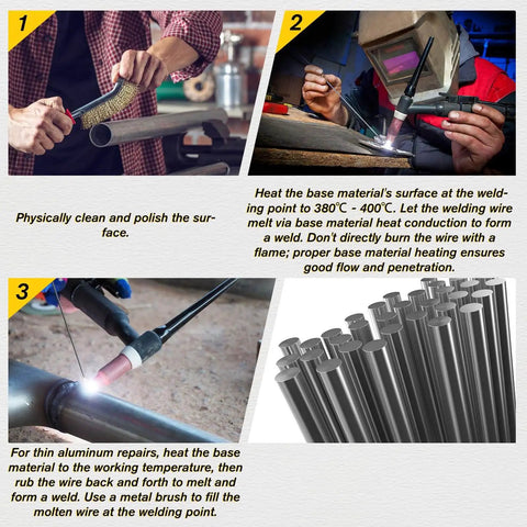Steps for using Aluminum Brazing Rods Set Of Fifty No Flux Required with images showing cleaning, heating, and welding aluminum.