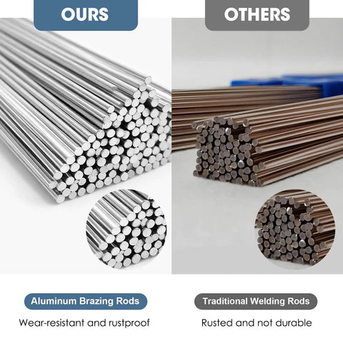 Comparison of Pro Grade Aluminum Welding Rods Set with other rusted rods, showcasing 30 pieces, 0.0625 x 13 inch size.
