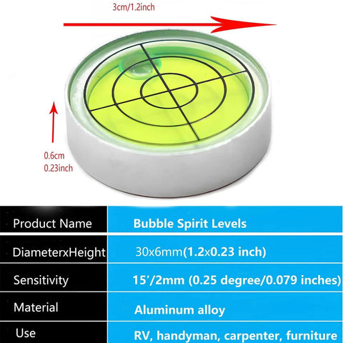 Compact 1.2 inch bullseye bubble level with aluminum alloy housing, measures 1.2 inches, shown on a background with dimensions and features.