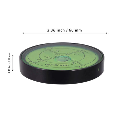 Durable aluminum high precision horizontal leveler with a 60mm circular vial, 12mm thick housing, 0.32 in per degree tilt sensitivity