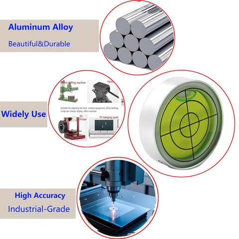 Graphic showing compact 1.2 inch bullseye bubble level with aluminum alloy housing and description of benefits like high accuracy and wide use.