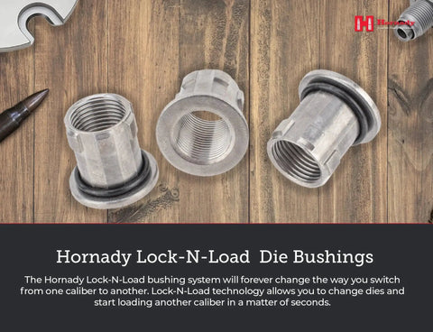 Fast Caliber Swap Die Bushings, 2 Pack, Lock-N-Load System By Hornady for quick die changes, shown on wooden surface