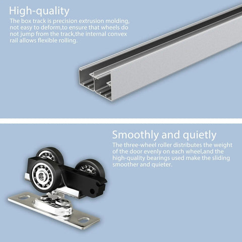 Heavy Duty Bypass Door Hardware 60 Inch Aluminum Sliding Closet Track Kit with three wheel hangers, rail sections