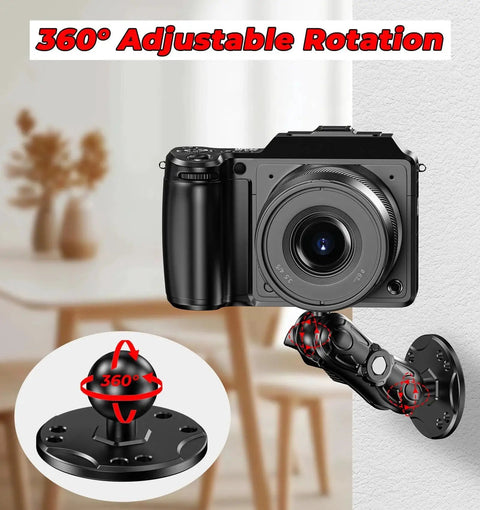 Aluminum Alloy Camera Mount With One Quarter Inch Tripod Adapter For GoPro Insta360 DJI Action Cameras, 360 Degree Rotation shown on wall