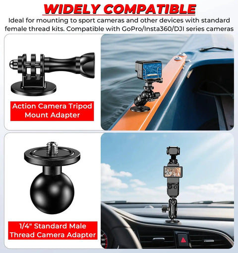 Aluminum Alloy Camera Mount With One Quarter Inch Tripod Adapter for GoPro Insta360 DJI, shown on boat and car dashboard.