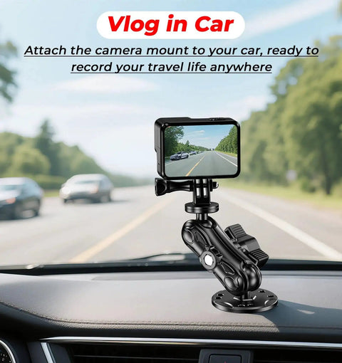 Aluminum Alloy Camera Mount With One Quarter Inch Tripod Adapter For GoPro Insta360 DJI Action Cameras on car dashboard