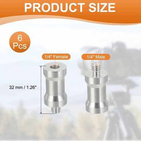 Six Pack 1/4 To 1/4 Camera Spigot Screw Converter Female To Male Adapters, aluminum, 32 mm size, shown with product details