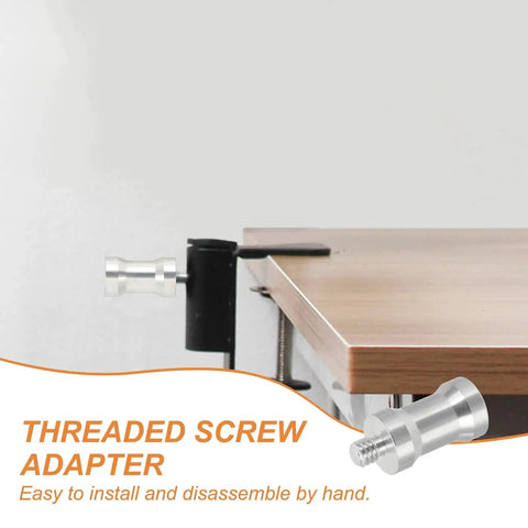 Six Pack 1/4 To 1/4 Camera Spigot Screw Converter Female To Male Adapters Aluminum Alloy shown attached to a table edge