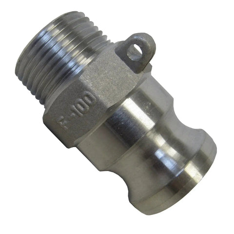 Close-up view of 1 1/4 Inch Aluminum Cam Lock Fitting F125 Male Camlock Coupler to Male NPT Thread for Water and Chemical Transfer