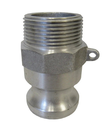 Front view of 1 1/4 Inch Aluminum Cam Lock Fitting F125 Male Camlock Coupler to Male NPT Thread for water and chemical transfer.
