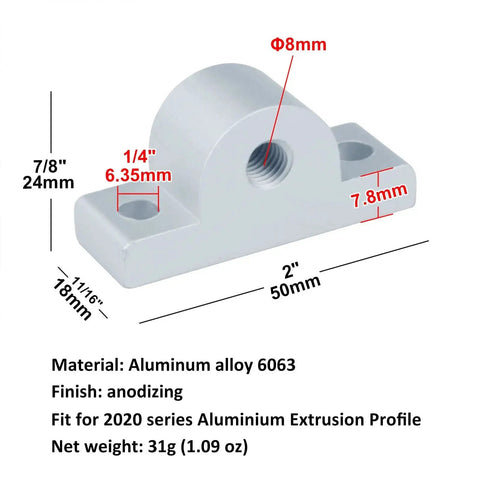 Six Piece Caster Wheel Connector Bracket Set For 2020 Series Aluminum Extrusion Profile Wheel Feet Mount Fixing Accessories Five Sixteenth Inch Thick Aluminum Alloy 6063 Anodized Finish shown from side view with dimensions