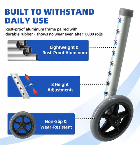 Replacement Heavy Duty Aluminum Caster Wheels For Standard Walker Aids With Non Slip Foot Pads, product features