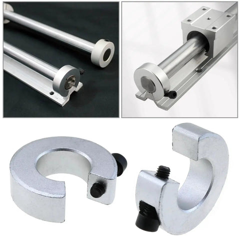 Sturdy Aluminum Collar Kit For SBR20 Linear Guideways includes clamping collar with M5 fixing screws, 20mm bore, 40mm OD, shown in use and detail.