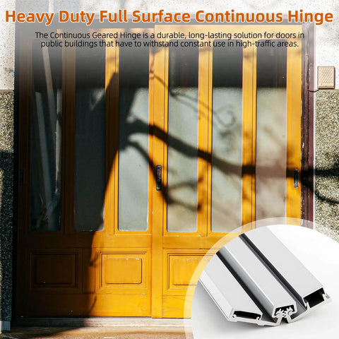 Heavy duty 83 inch continuous geared hinge set for storefront doors, two pieces shown with full surface anodized aluminum design.