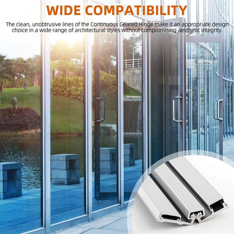 Wide compatibility of heavy duty 83 inch continuous geared hinge set for storefront doors shown in installed view.