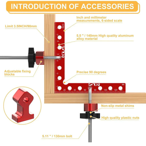 Diagram of 90 Degree Corner Clamp For Woodworking Aluminum Alloy Right Angle Positioning Squares, showing measurements and features.