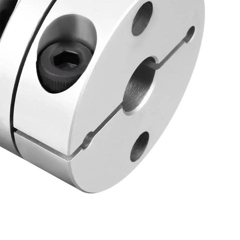 Close-up of Pro Grade Clamp Shaft Diaphragm Coupler 10mm To 14mm For Servo And Stepper Motors with aluminum hubs and screw details.