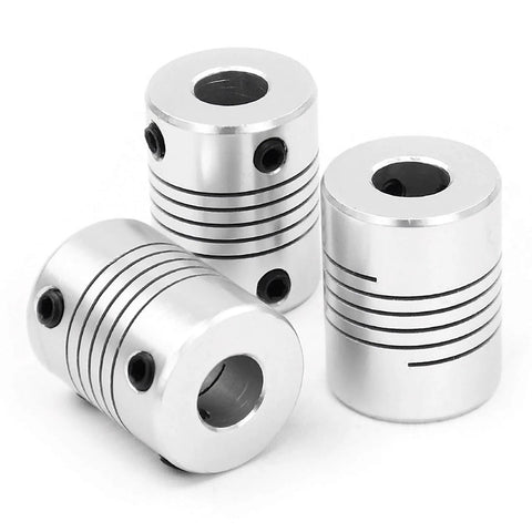 Close-up of three metal couplers for ✝️ T10 lead screw set 140mm / 5.51 inch + brass nut + coupler + kfl10 pillow bearing block