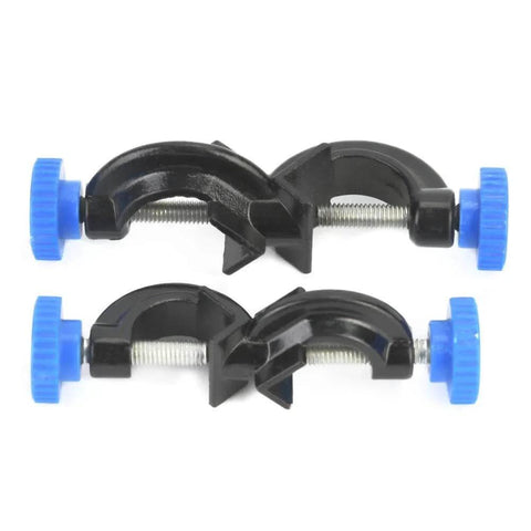Aluminum Cross Clamps For Laboratory Supports 2 Pack Durable Metal Clips showing side view with blue adjustment screws