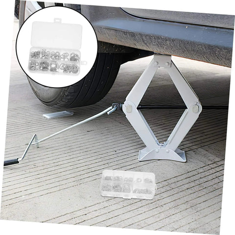 Aluminum Crush Washer Set With 200 Pieces Heat Resistant Oil Drain Plug Gaskets For Industrial Maintenance Portable Storage Box Included Multi Size Specifications For Emergency Repairs And Outdoor Work Gear shown with car jack in use