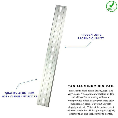 Image of a 12-inch slotted aluminum connector kit for DIN rails, RoHS compliant, showing clean cut edges and quality construction.