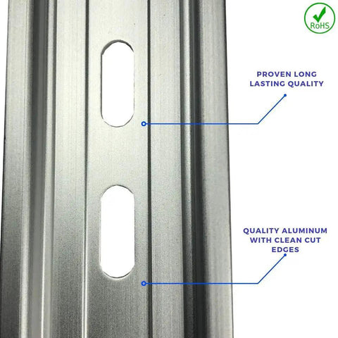 Effortlessly link modules on standard DIN rails with this 12 inch slotted aluminum connector kit, showcasing its quality and RoHS compliance.