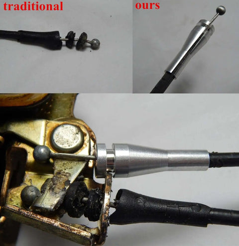 Door Cable Repair Kit For Ford F Series E Series Ranger Expedition Excursion Navigator Vehicle Door Latch Cable Fix With 6 Standard Ends And 2 Locking Cam Aluminum 6061 T6 Lightweight And Easy DIY Install, showing close-up of aluminum end installed and traditional compared.