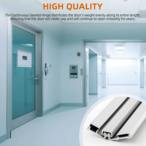 Heavy duty 83 inch continuous geared hinge set for storefront doors, two pieces, shown installed on commercial doors.