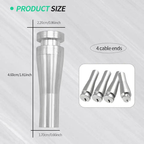 Aluminum 4 piece door latch cable repair kit with 3 standard ends and 1 locking cam end for Ford trucks and vans; close-up view