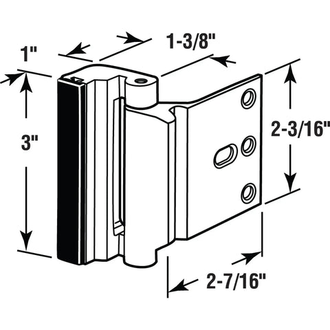 Door Reinforcement Lock Heavy Duty Aluminum Security Device For Exterior Doors With 800 Pound Force Rating Satin Nickel Finish And 3 Inch Screws, Adds Extra Barrier Against Break-Ins And Unauthorized Entry For Swing-In Doors, diagram showing dimensions.