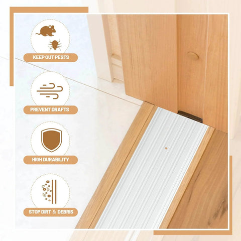 2 Pcs 6" X 1/4" X 36" Door Saddle Threshold for Doorway Interior with icons for pest and draft prevention, durability, silver color