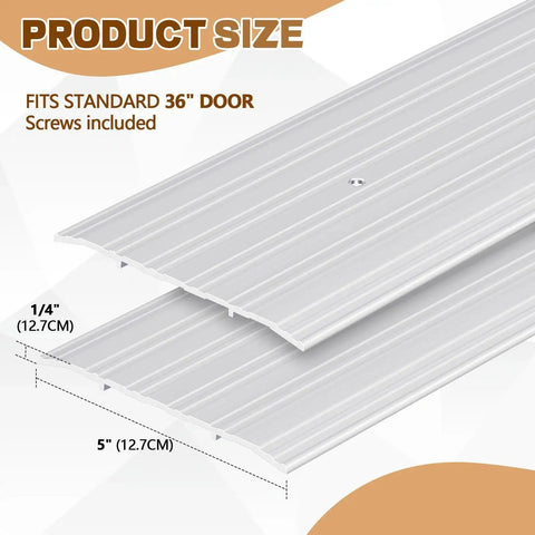 Image showing 4 Pcs Aluminum Door Saddle Thresholds For Doorways And Interior Fluted Design Heavy Duty Commercial Grade Thresholds In Silver Finish. Dimensions labeled.