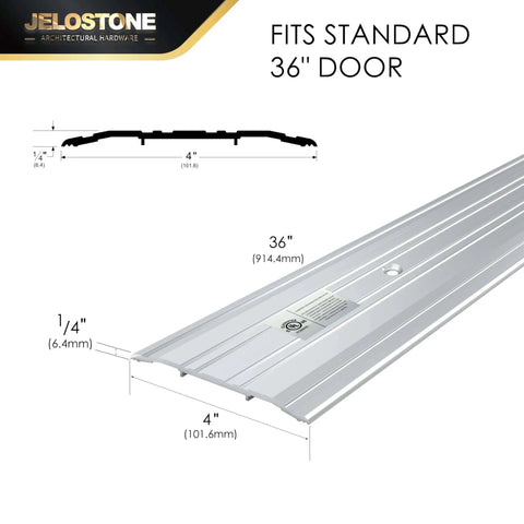 Diagram and perspective view of 4''W x 1/4''H x 36''L- Aluminum Door Threshold (Mill Aluminum)- Door Saddle- ADA accessible Barrier Free- Fire Rated- Door Thresholds for Exterior Doors- B302A