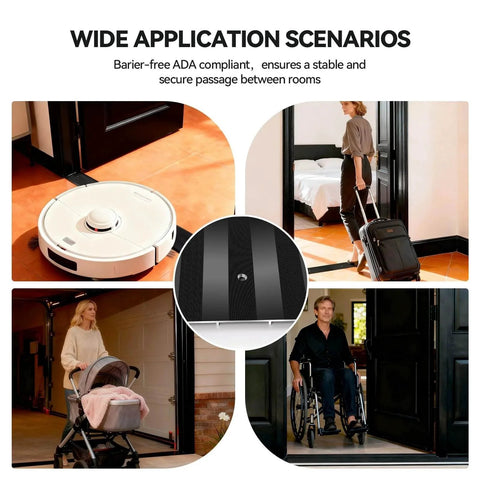 Collage showing various uses of 48"L 5"W 0.25"H Extra-Sturdy Aluminum Door Threshold Strip in high-traffic and ADA compliant scenarios