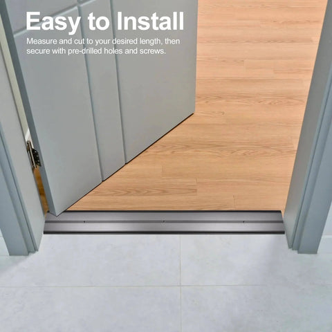 Aluminum Metal Door Threshold installed between wood and tile floors, 36'' L x 4'' W x 0.1'' H, black, seamless floor transition strip