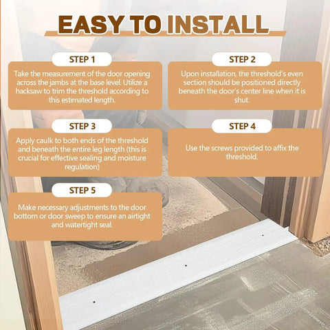 4 Pcs Aluminum Door Saddle Thresholds For Doorways And Interior Fluted Design Heavy Duty Commercial Grade Thresholds In Silver Finish shown installed with fitting instructions.