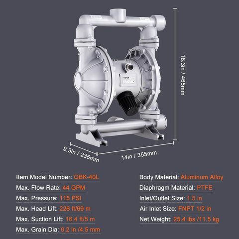 Air Operated Double Diaphragm Pump, 44GPM, Max 115PSI Air Waste Oil Pneumatic Transfer Pump, aluminum body, product dimensions shown