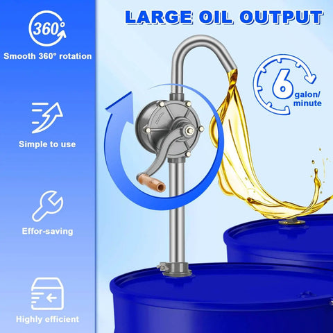 55 Gallon Drum Pump For Oil, Diesel, Kerosene, And Hydraulic Fluid, Rotary All Aluminum Manual Hand Transfer Pump With 3 Stage Suction, Adjustable Height Fits 5 To 55 Gallon Barrels, No Nonsense Easy Pull Wooden Handle