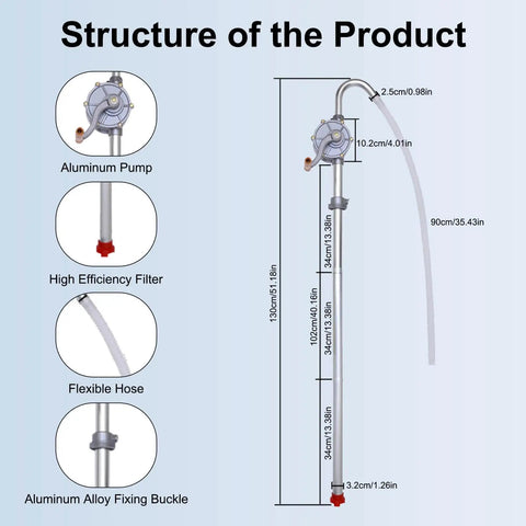 Diagram of Beefy All Aluminum 15 To 55 Gallon Drum Pump For Oil Transfer showing components and dimensions.