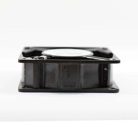 Side view of Square 4x4 Inch Aluminum Die Cast Exhaust Fan Panel Mount in Black showing compact design and durable housing for ventilation.