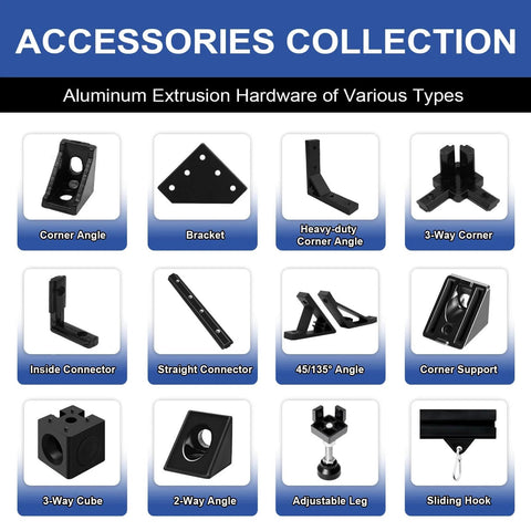 Collection of aluminum extrusion hardware including angles, brackets, connectors, supports, and hooks for 8Pack 2020 Aluminum Extrusion V-Slot 1220mm.
