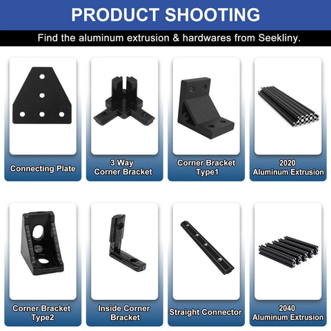 Display of assorted aluminum extrusion hardware including 10PCS V Slot 2020 Aluminum Extrusion European Standard 1220mm Length