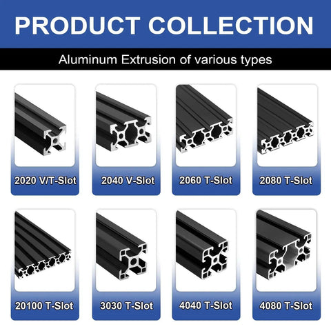 Eight types of black aluminum extrusions including Four 1220mm 2020 V-Slot aluminum extrusions in black for 20x20 framing.