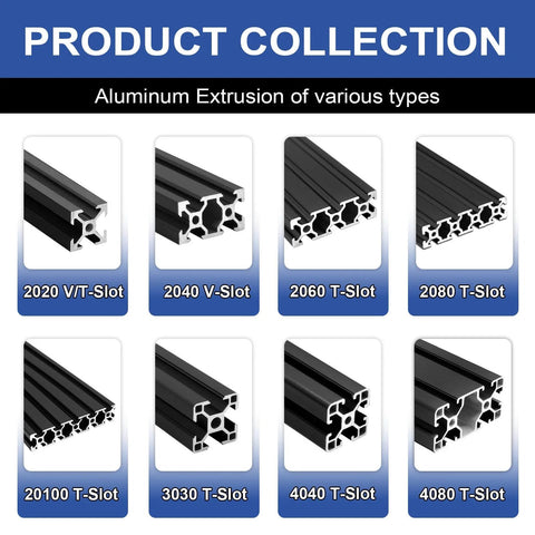 Display of various aluminum extrusions including 8Pack 2020 Aluminum Extrusion V-Slot 1220mm 48 inch Black Extruded Aluminum Profile 20x20.