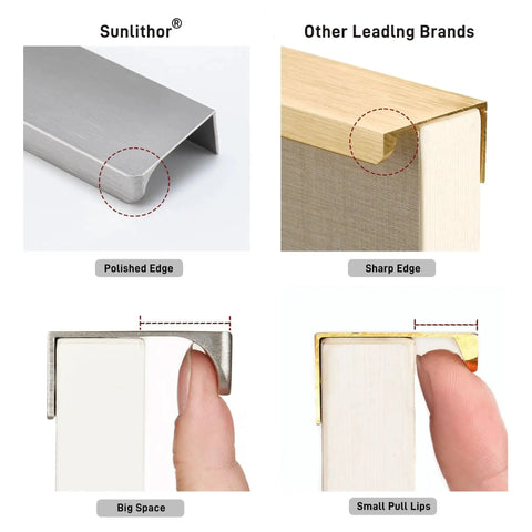 Comparison of Sunlithor and other brands' cabinet edges and pull space, featuring Finger Pull Cabinet Knob Aluminum Brushed Nickel 3.15 Inch Long Low Profile Drawer Pulls For Kitchen And Bathroom Cabinets 2.5 Inch Center To Center 0.7 Inch Height 1.5 Inch Width Easy Installation 6 Pack.