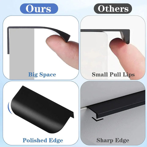 Comparison of Five Piece Edge Finger Pulls For Cabinets Aluminum Alloy Concealed Handles showing big space and polished edge benefits